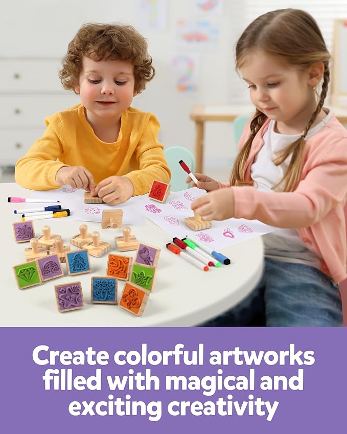 Coogam Wooden Animal Stamps Printing Toy Set, 20pcs Color Shape Stamping for DIY Scrapbook Arts Crafts Supplies Party Favor Toy Gift with Markers Suitable for 3 4 5 Year Old Kids