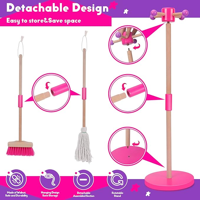 MASTERTOP Kids Cleaning Set 8 Piece, Detachable Toys for Toddlers, Broom Dustpan Mop Brush Duster Rag Sponge and Hanging Stand, Pretend Play Household Tools Gifts for Age 3-8