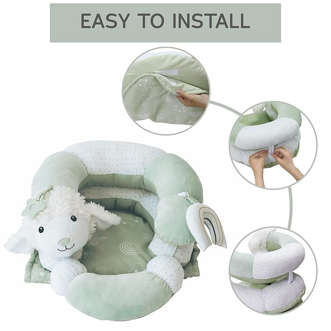 2-in-1 Tummy Time Mat and Seated Support with Sensory Toys – for Newborns and Babies – Includes Detachable Cushion for Supervised Play & Head/Neck Development (Sage)