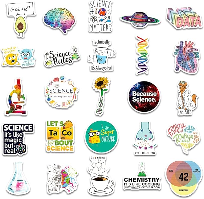 Aowplc 100 Pcs Natural Sciences Stickers Pack, Physics, Chemistry, Biology Experiment Vinyl Stickers, Student Science Laboratory Decals for Laptop, Water Bottle, Notebook, Luggage, Computer Decor