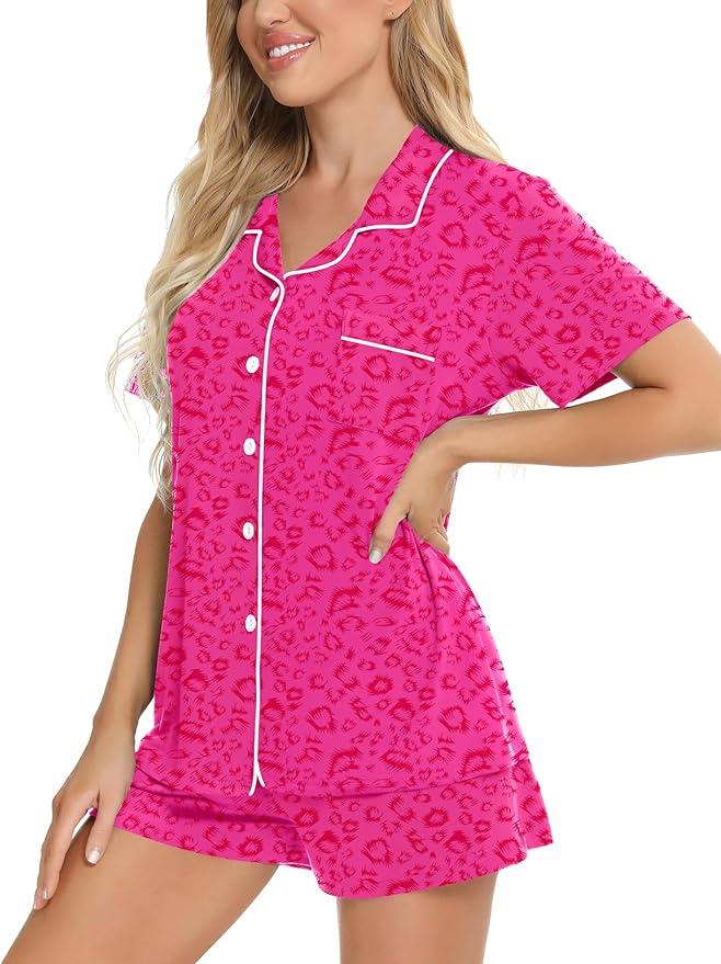 SWOMOG Womens Button Down Pajamas Set Short Sleeve Sleepwear Bride Soft Pj Lounge Sets XS-3XL