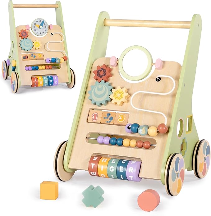 Wooden Baby Walker for 6-12 Months, Montessori Walker Push Toy for Toddlers Learning to Walk, Push Walker Baby Activity Center for Boys and Girls