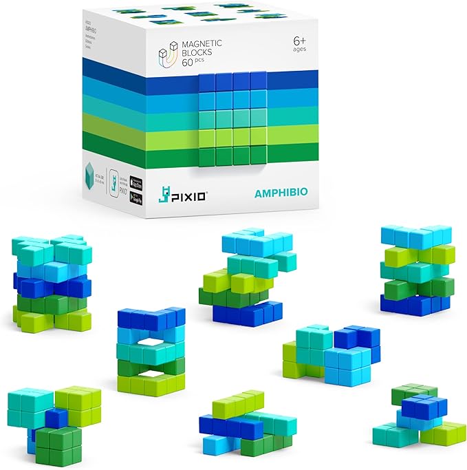 PIXIO Amphibio- Tiny Magnetic Blocks Building Toy in The Pixel Art Style with Free App - 5/16" Plastic Cubes with 6 Magnets Inside - Open Ended Toy - Creativity Toy for Ages 6+