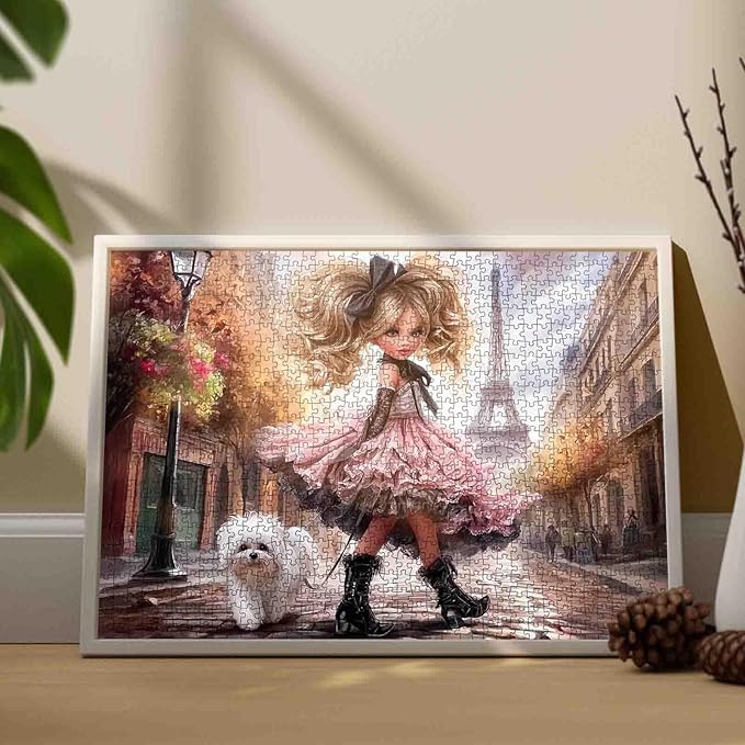 Tucocoo Paris Girl and Fluffy Dog Puzzle for Adults 1000 Piece, Art Puzzle with Eiffel Tower, Romantic Paris Street Scene Jigsaw, Challenging and Decorative Puzzle Gift, 27x20 Inch