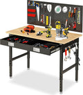 48" Workbench for Garage with Drawers Rubberwood Tabletop Work Table with Pegboard, Power Outlets Adjustable Height Work Bench for Office, Woodworking Shop, Home