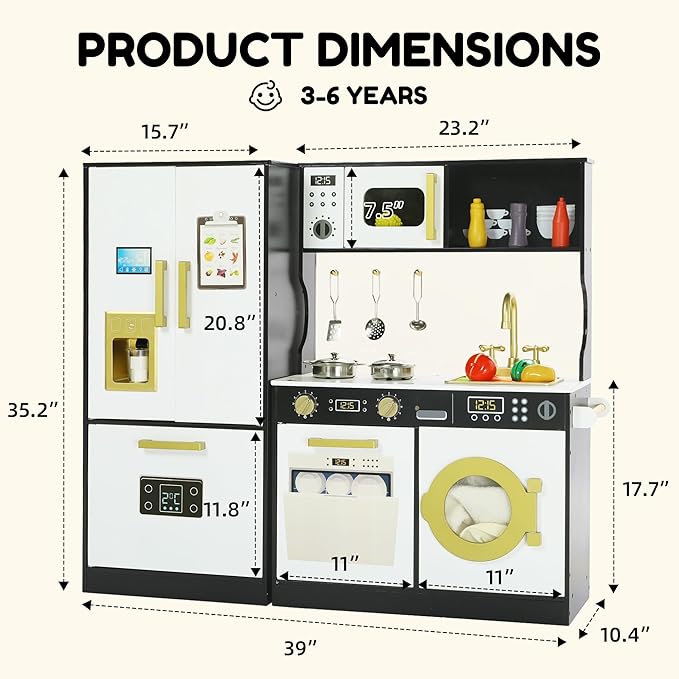 Play Kitchen Sets for Kids, Pretend Wooden Kids Kitchen Playset, Interactive Toy Kitchen with Freezer, Washing Machine, Ice Maker & Large Storage Space, for Boys Girls Ages 3+, Black