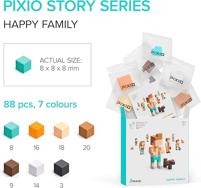 PIXIO Happy Family - Magnetic Building Blocks for Kids Over 6 Years, Pixel Art, STEM Magnet Toys for Kids Ages 8-12, Portable Magnetic Blocks for Creativity - 162 pcs