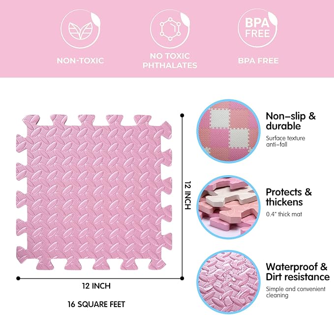 16 Tiles Foam Play Mat for Baby, Soft & Safe EVA Foam Mats for Floor, Square Baby Play Mat, Solid Colored Kids Foam Puzzle Floor Mat, 47x47 Play Mat for Playpen(White/Pink/Loli Pink)