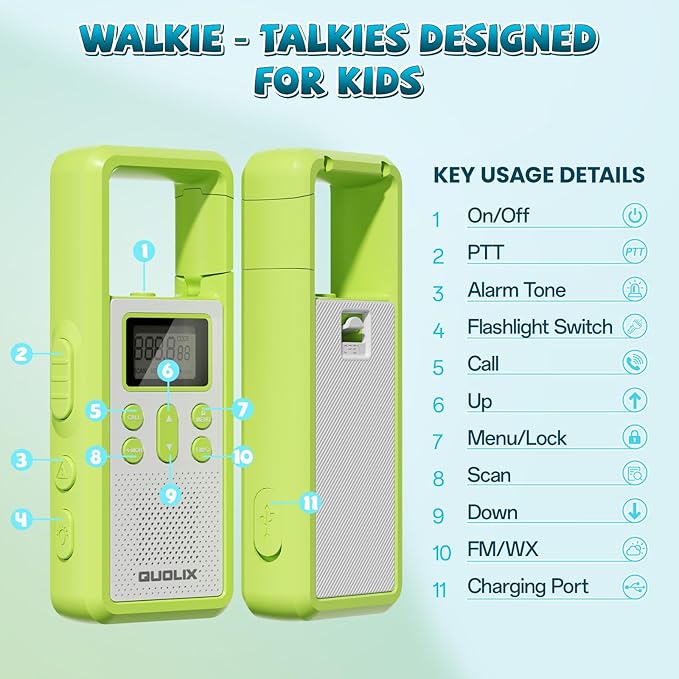 QUOLIX Walkie Talkies for Kids 2 Pack Rechargeable with NOAA & VOX, Kids Walkie Talkies with Long-Lasting Battery Toys for 3-12 Year Old Boys Girls, Durable Outdoor Gifts for Camping, Hiking Games