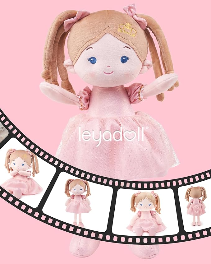LeyaDoll Personalized Soft Baby Doll Toys for Girls (16''), My First Christmas Dolls, Leya Doll Baby Rag Doll Plush Toys for Toddler Kids Infants -Princess-Coral