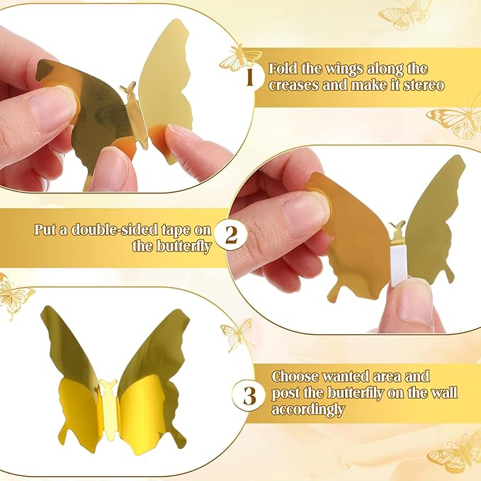 BBTO 48 Pieces Butterfly Wall Decor DIY Mirror 3D Butterfly Stickers Removable Decals for Home Bedroom School Bathroom Living Room Decor(Gold,Silver)