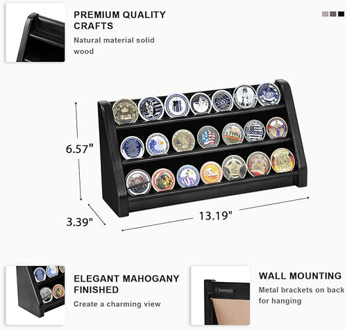 3 Rows Military Challenge Coin Display Case Wall Mount Wooden Army Coin Holder Stand Rack, Holds 21-24 Coins, Black