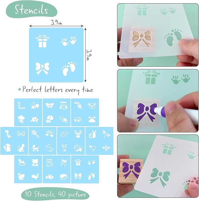 146 Pcs Baby Shower Game Sign Set Includes Decorative Square 56 DIY Blank Wooden Blocks 24 Paint Markers 27 Page Baby‘s First ABC Book (Leaf)