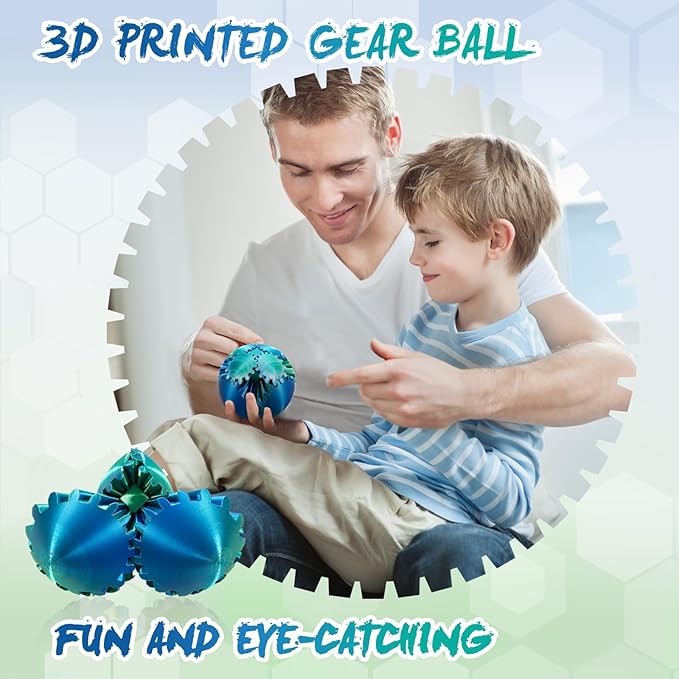 Gear Ball-3D Printed Gear Sphere,3D Printed Spin Ball Cube Fidget Toy,The Steampunk Whirling Wonder Fidget Ball Toy (Blue Green)