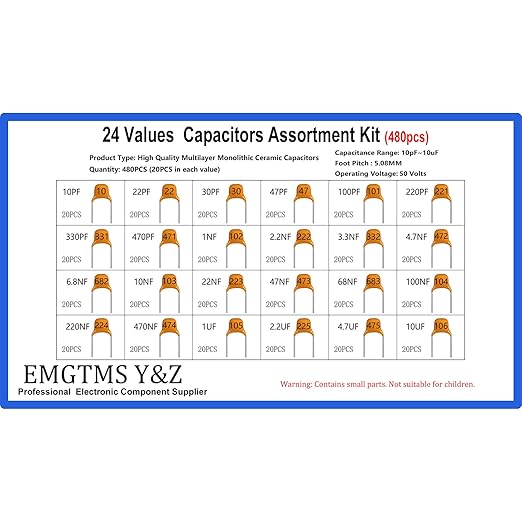 24 Values 480pcs Multilayer Monolithic Ceramic Capacitor Assortment Kit, 10pF-10uF Capacitor Set with Storage Box for Electronics Projects