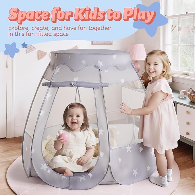 Pop Up Play Tent with Star Light：Neutral Toy for Boy Girl Birthday Gifts, Portable Ball Pit with Outdoor Carry Bag, Collapsible Kids Tent for Toddler Indoor Activity Playhouse, NO Balls(Grey)