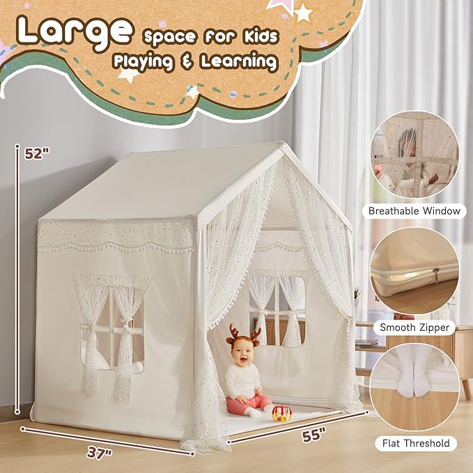 Play Tent for Kids with Star Lights, Large Kids House Indoor & Outdoor, Castle Tent for Girls Decorated Sequin Sparkle Stars, Playhouse with Front & Rear Doors for Toddler, Boho Decor