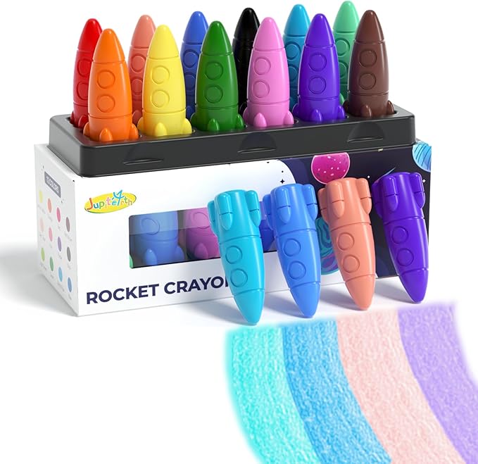 12 Colors Crayons for Toddlers, Non-Toxic Washable Rocket Crayons, Easy-to-Hold Coloring Gifts & Mess-Free Art Supplies for Little Hands