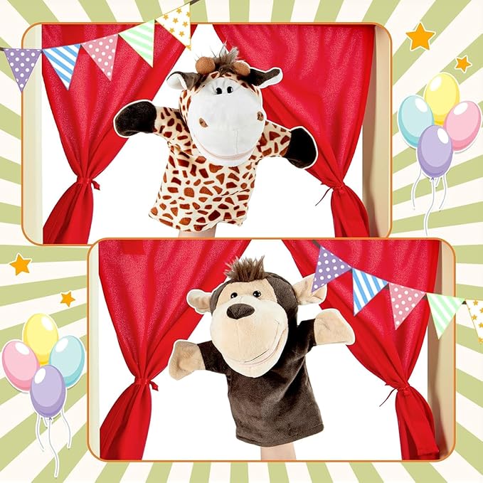 labebe - Deluxe Wooden Puppet Theater Bonus 2 Hand Puppet, ﻿2-in-1 Clock Theater Reversible Play Store, Double-Sided Lemonade Stand, Puppet Show Theater Toy with Chalkboard for Kids 36M+