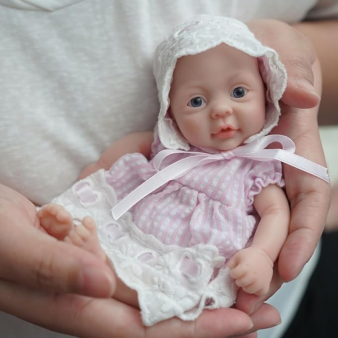 7" Mini Silicone Baby Girl, Silicone Full Body Baby Soft Skin Realistic Newborn Baby Dolls Real Life Tiny Baby Doll with Feeding Accessories