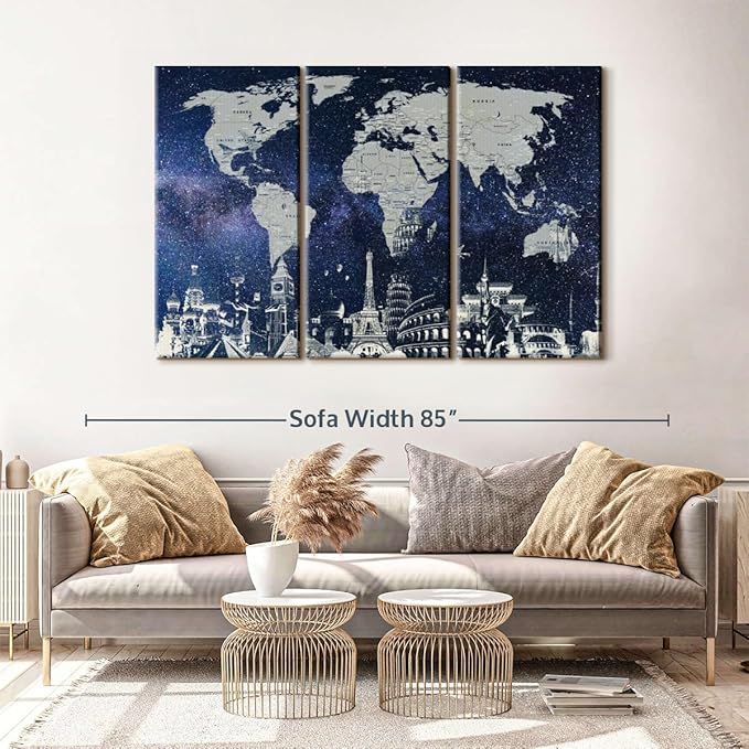 ElephantStock Starry World Map Multi Piece Canvas - 3 Panel Wall Decor - Map of the World Art - Canvas for the Office and Home - 65" X 42"