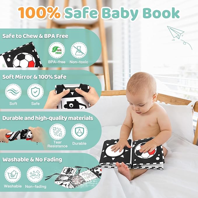High Contrast Baby Toys for Newborn | Tummy Time Toys & Visual Stimulation Baby Book 0-6 Months | Black and White Contrast Cards & Sensory Toys | Baby Essentials & Must Haves
