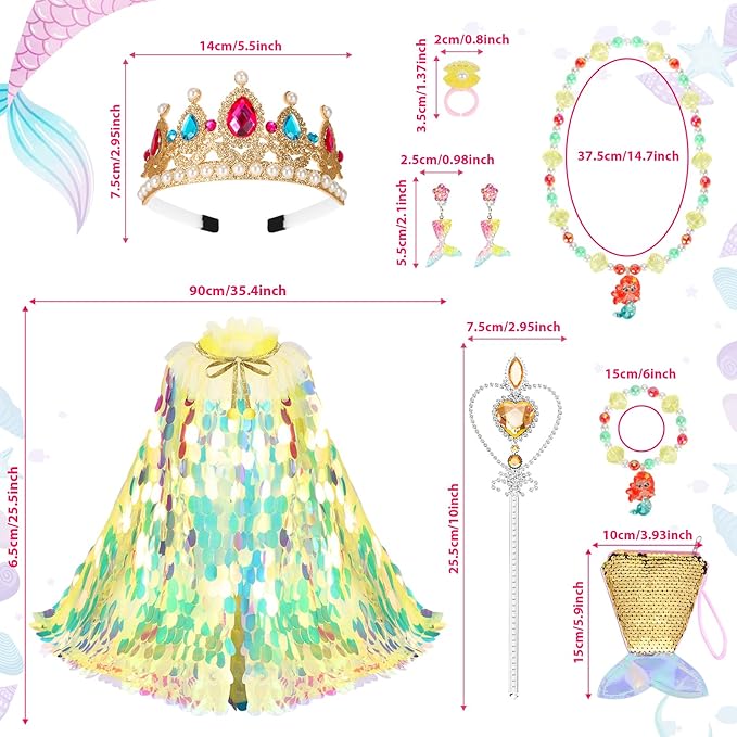 Princess Dress Up Toys Princess Dress Up Clothes Rainbow Mermaid Cape Kit 9 Pcs Gift Set for Little Girls 3-8 Years