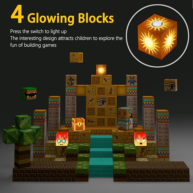 Magnetic Blocks -150 PCS Magnetic Building Blocks with 4 pcs Light Blocks 0.8",Stacking Mine Magnet Desert World Craft Cubes Toddler Kids STEM Toys,Birthday for Boys & Girls Age 3 4 5 6 7 8-12 Years