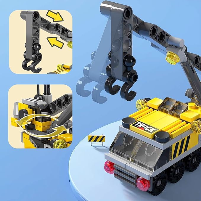 Rescue Construction Truck Building Blocks Set - 7 in 1 Engineering Vehicle Toy with Rotating Crane Arm, Rolling Wheels | STEM Educational Gift for Kids Ages 6-12 | Fire Truck & Emergency Playset