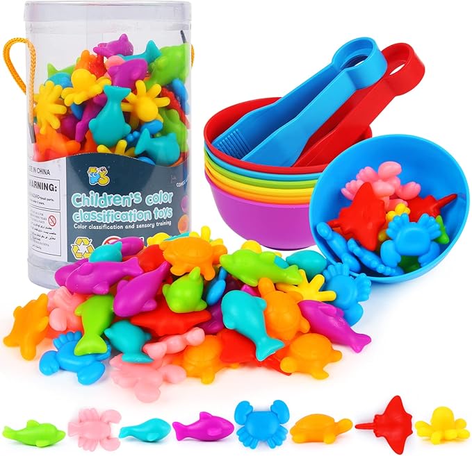 LOKIPA Counting Ocean Animal Toys, Color Sorting Set Ocean Animal Matching Game with Rainbow Sorting Cups Learning Activities Educational Sensory Toys for Toddlers Kids Ages 3 Years and Up