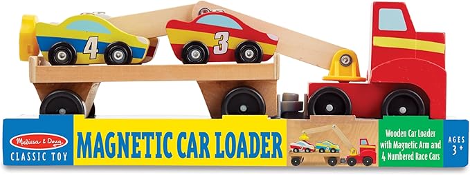 Melissa & Doug Magnetic Car Loader Wooden Toy Set with 4 Cars and 1 Semi-Trailer Truck Crane Wooden Toy, Vehicle Toys for Kids Ages 3+