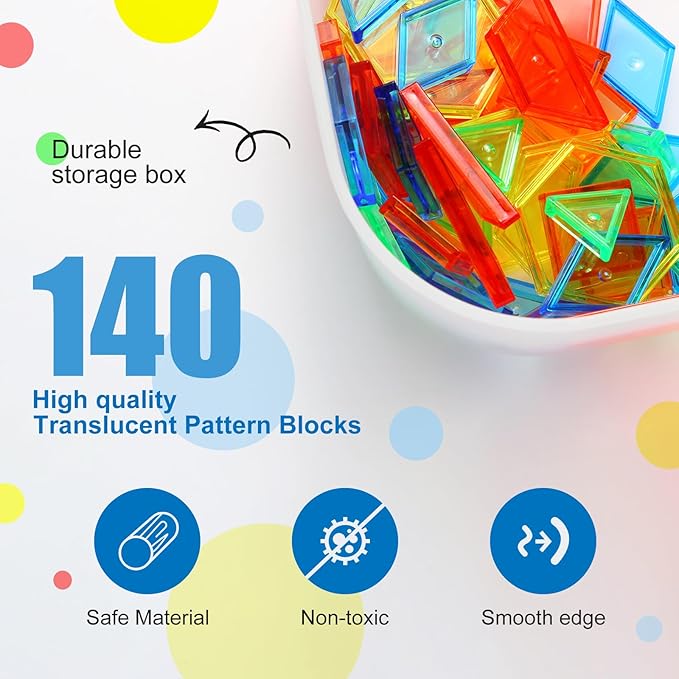 188 Pcs Translucent Plastic Pattern Blocks Set, Light Table Manipulative for Shape Recognition, Fun Geometric Shapes Tangram Puzzle with Storage Box