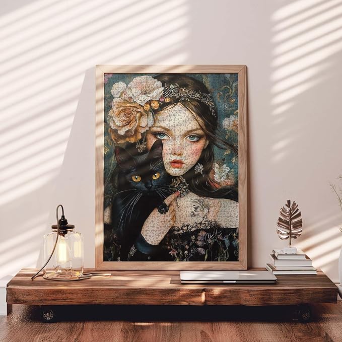 Beautiful Woman 1000 Piece Jigsaw Puzzle for Adults Black Cat Puzzles Art Gifts Classic Elegant Figure Challenging Puzzle Perfect for Game Pary Events