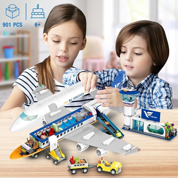 HOGOKIDS City Passenger Airplane Building Set with LED Light, 901 PCS Plane Building Blocks with Airport Terminal, Radar Tower, Luggage Trailer, Planes Model Toys Gifts for Adults Boys Girls Age 6-12+