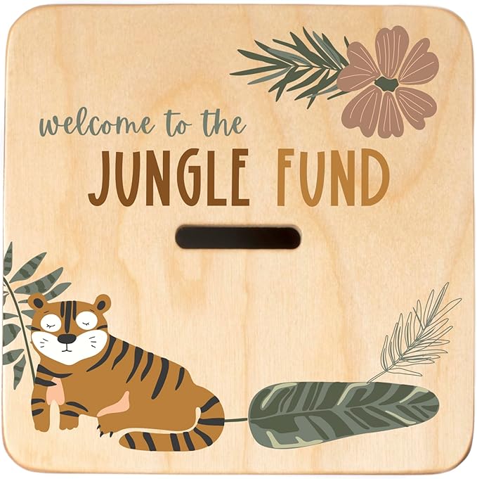 Wooden Piggy Bank for Kids and Adults, Personalized Gift Handmade in USA by BloomOwl, Custom Piggy Bank, Personalized Banks for Kids, Gifts for Baby Boys and Girls (Earthy Jungle)