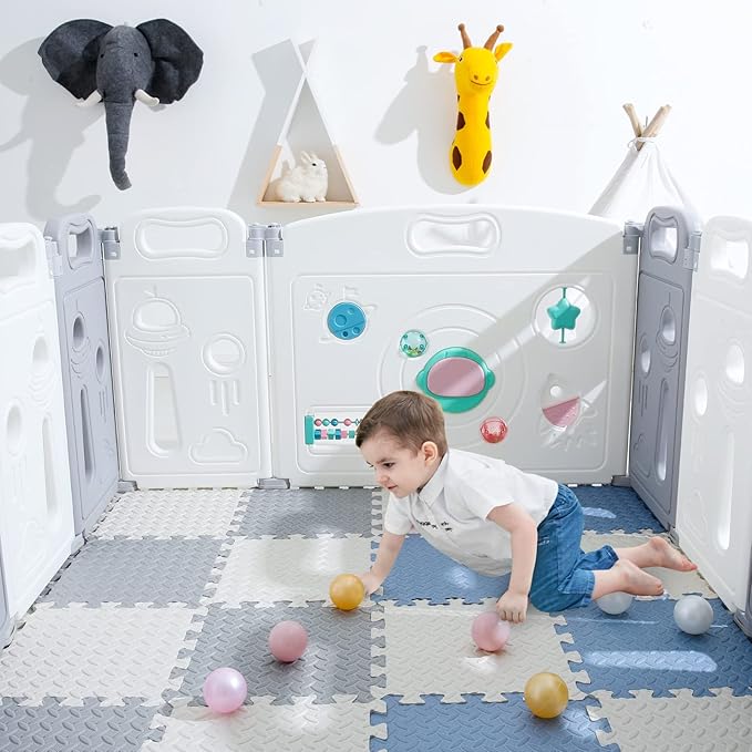 Foam Floor Mats for Kids, 12 x 12 Inch 16 Tiles 0.4" Thickness Foam Play Mat, Non-Toxic Square Interlocking Floor Mats Rubber Baby Play Mat for Toddlers(White/Gray/Gray Blue)