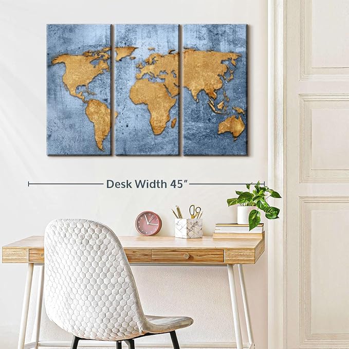 ElephantStock Azure World Map Wall Art Multi Piece Canvas - 3 Panel Wall Decor - Map of the World Art - Canvas for the Office and Home - 38" X 24"