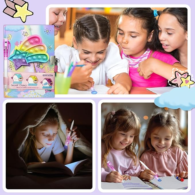 Pop Girls Diary with Lock and Invisible Ink Double-end Pen, 7.5x5.4 Inches 160 Lined Pages Fidget Unicorn Girls Journal for Kids Secret Notebook Pen Set Birthday Gifts for Girls 5 6 7 8 9 10 Years Old
