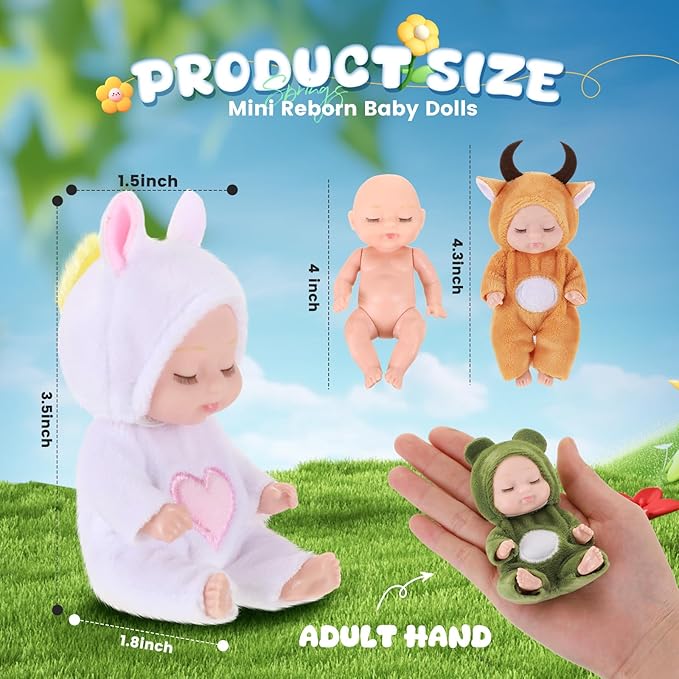 Hanaive 4 Pcs 4 Inch Mini Baby Dolls Lifelike Realistic Baby Dolls Animal Clothes Cute Tiny Gifts for Kids Birthday Party(Cuddly Style)