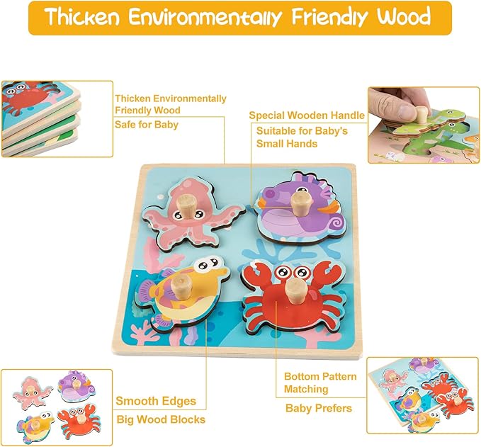 Wooden Toddler Puzzles - 4 Pcs Eco-Friendly Animal Patterns Jigsaw With Handles - Infant Kid Fine Motor Skill Learning Educational Montessori Toys for 1-3 Years Old