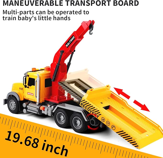 Dwi Dowellin Kids Toys for 3 4 5 6 7 Years Old Boys, 15" Large Tow Truck Toy,Friction Powered Transport Truck Crane Toy with Lights and Sounds,with Roadster,Toddlers Gifts