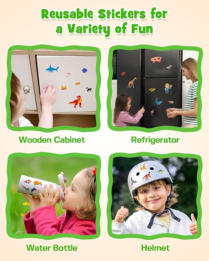 D-FantiX 3D Puffy Stickers for Kids Ages 4-8, Reusable Sticker Books for Toddlers 2-4 Years, Farm Dinosaur Ocean Safari, Car Road Trip Activities, Airplane Travel Toys, Birthday Gifts for Boys Girls