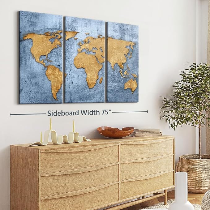 ElephantStock Azure World Map Wall Art Multi Piece Canvas - 3 Panel Wall Decor - Map of the World Art - Canvas for the Office and Home - 65" X 42"