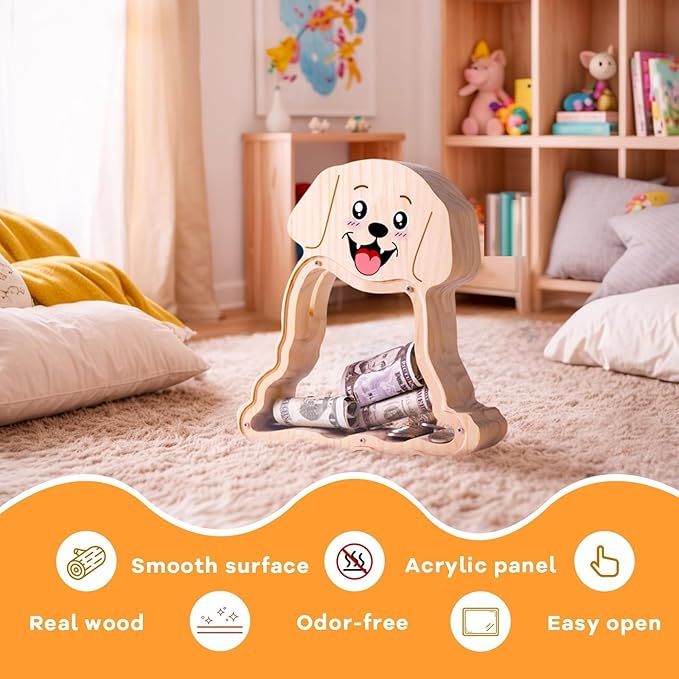 Wooden Dog Piggy Bank for Kids with Letter Stickers, Cute Labrador Large Money Box for Boys, Girls, Wooden Coin Bank, Piggy Money Jar Personalizable Gift, Educational Toy for Kids