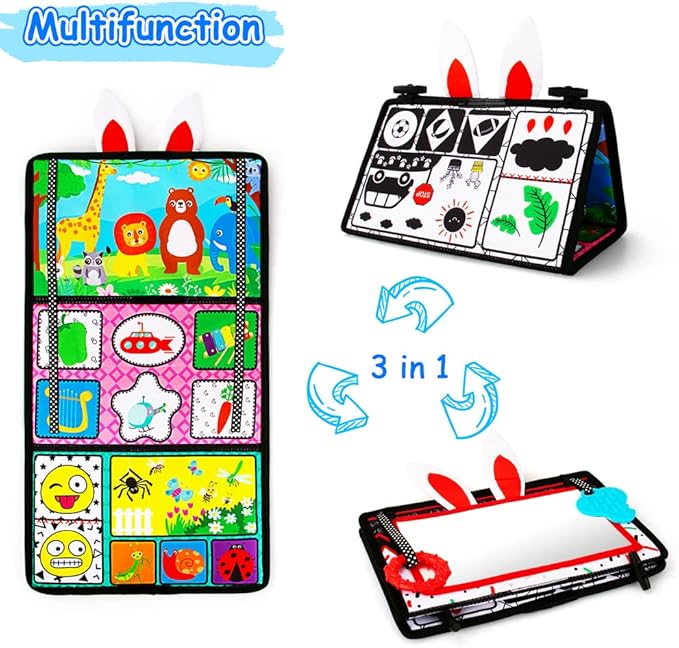 Tummy Time/Baby Mirror Toys, Black and White High Contrast Tabletop Mount Baby Newborn Toys 0 3 6 Months Brain Development, Sensory Texture Piano Infant Toys 0 3 6 Months with Squeaker