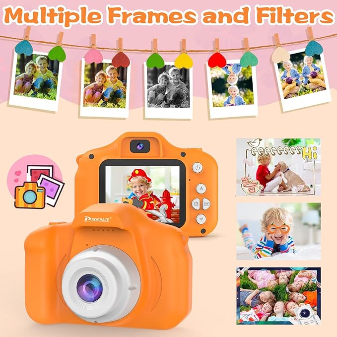 PROGRACE Orange Kids Camera, Birthday for Girls and Boys Ages 3-12, HD Digital Video Camera for Toddlers, IPS HD Screen, Portable Toy with 32GB SD Card
