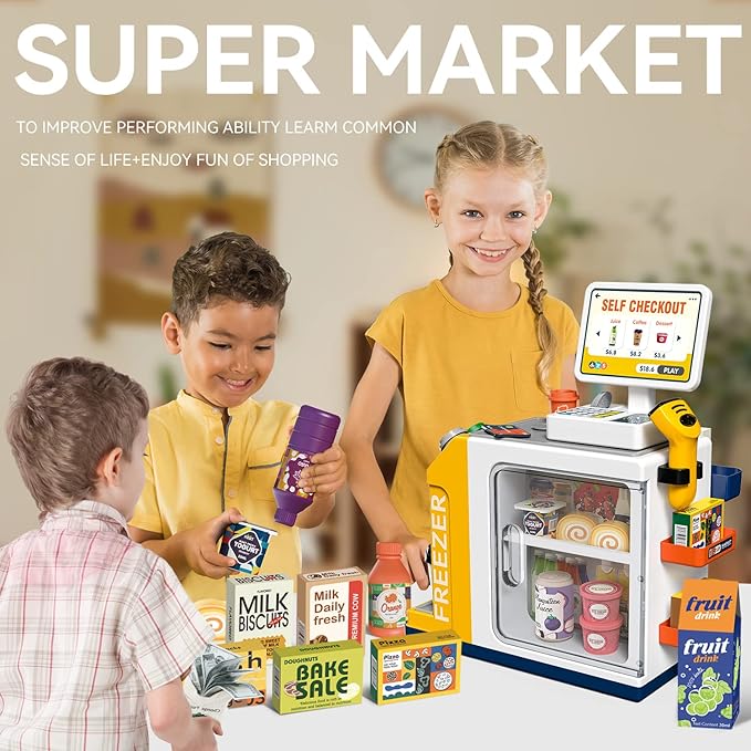 Cash Register Playset for Kids - 48PCS Pretend Play Money, Calculator, Scanner, Credit Card and Play Food for Boys and Girls Ages 3+ (668-125)