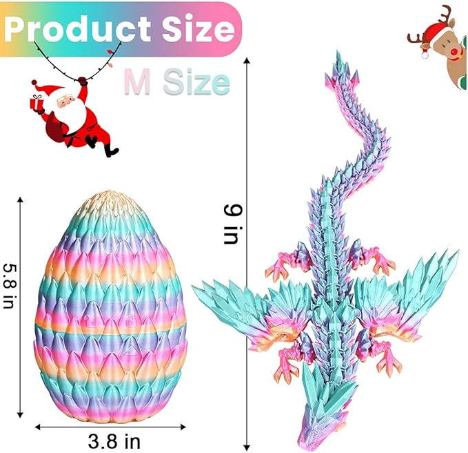 3D Printed Dragon Eggs with Articulated Fly Dragon Inside, Collectible Figurines Fidget Toy for Adults Kids Birthday Easter Christmas White Elephant Gifts for Friends Colleagues(Rainbow, M Size)