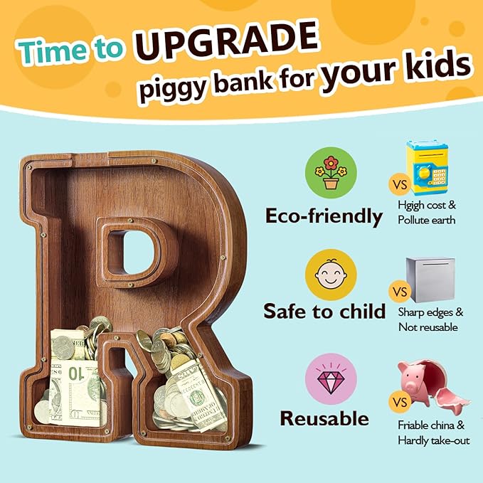 Summidate Customized Name Extra Large Wooden Piggy Bank for Kids Boys Girls Alphabets Letter A-Z Coins Bills Money Change Saving Box Clear Cover (Laser Engraved) Educational Toys 12"- Letter R