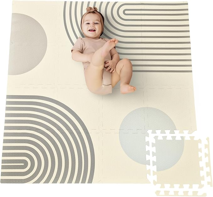 Cateam Baby Play Mat 47x47 inch – Boho Style Soft EVA Foam Puzzle Tiles for Floor, Toddlers & Kids – Non-Toxic Interlocking Squares for Nursery, Gym & Playroom